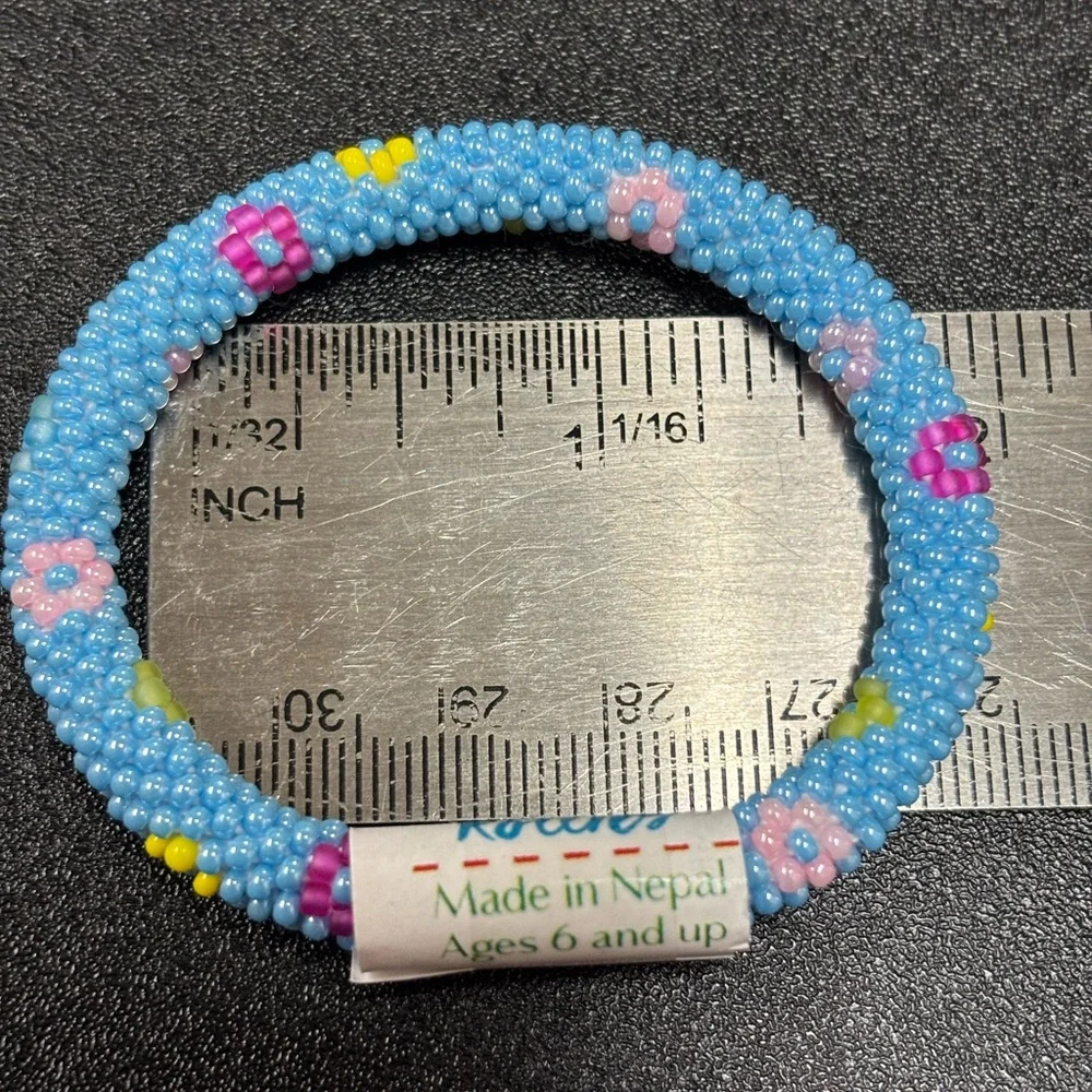 Flower Power Kid's Rollies Glass Beaded Bracelet Blue NWT
